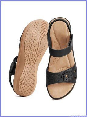 Womens Dressy Summer Flat Sandals Memory Foam Adjustable Rhinestone Floral